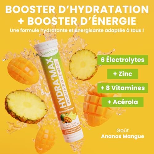 Santarome Bio Hydra'max - Booster d'hydratation et d'énergie - Riches en électrolytes - Goût Ananas Mangue - 20 pastille