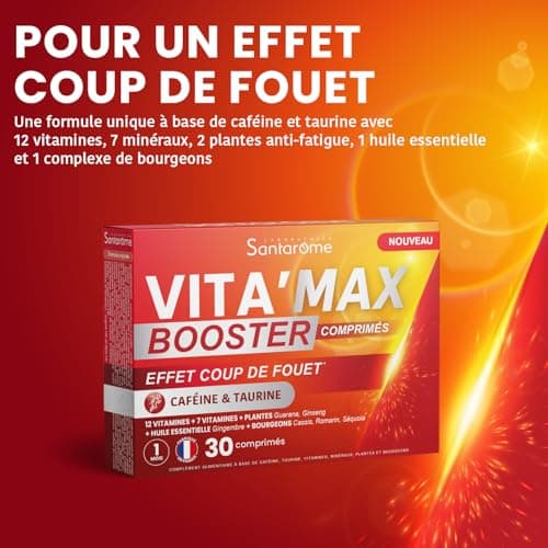 Santarome Vita'max Booster Caféine & Taurine 30 Comprimés Anti Fatigue Énergie Naturelle Sans Sucres Travailleurs Sédent