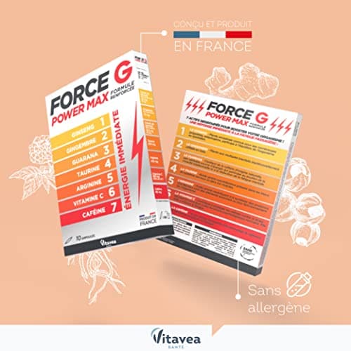 Vitavea Power Max Formule Renforcée 7 Actifs - Boost Energie Immédiate 10 Ampoules (Ginseng, Caféine, Guarana) - 10 Jour