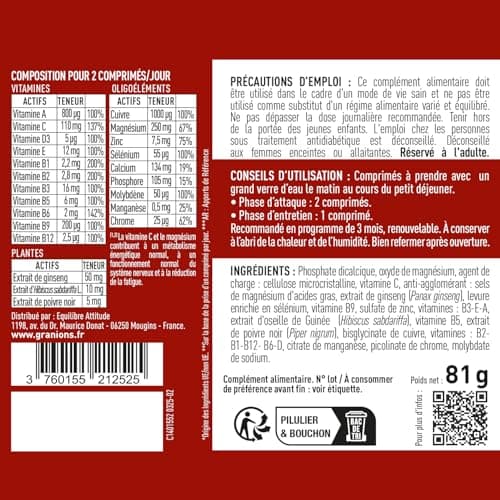Multivitamines GRANIONS 23 VITAMINES - Magnésium, Vitamine D, Vitamine C - Énergie & Vitalité - Anti Fatigue - 90 Compri