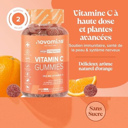 Novomins Gummies Vita C 250mg sans sucre – Immunité renforcée – 60 gélules véganes pour adultes avec bioflavonoïdes, cyn