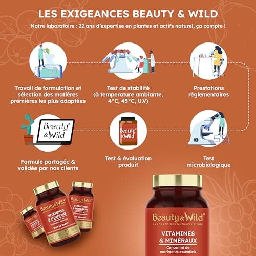 Multivitamines et Minéraux Anti-fatigue Énergie Vitalité Cheveux Ongles Made in France 180 Comprimés Beauty & WILD