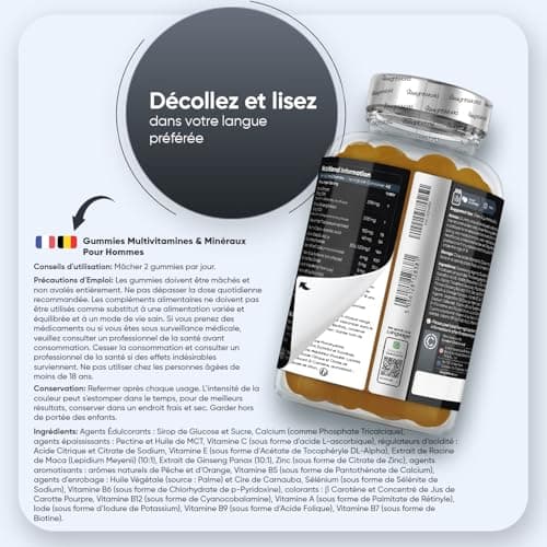 Multivitamines Homme Gummies 90 Pièces Vegane avec Maca et Ginseng Panax, Vitamines C, B et A, Zinc et Sélénium, Goût Pê