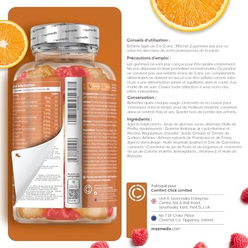 Multivitamines et Minéraux Oméga 3 6 9 Enfant 120 Gummies, Goût Framboise et Orange, Immunité et Croissance