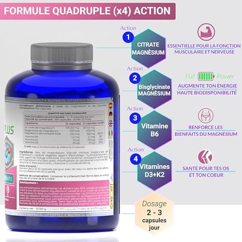 Magnésium Bisglycinate et Citrate 2177mg avec Vitamines B6, D3 et K2 - Haute Absorption - Combattre le Fatigue et le Str