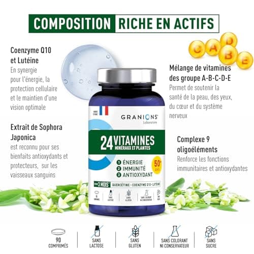 GRANIONS 24 VITAMINES - Magnesium, Zinc, Vitamine C, Selenium, Coenzyme Q10, Luteine - Energie, Immunité - Vitamines Adu