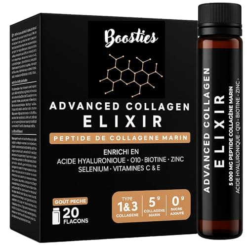 Collagene puissant 5000mg – 20 Shots Liquides Bio à Base d'Acide Hyaluronique, Vitamines C & E et Biotine pour Peau, Che