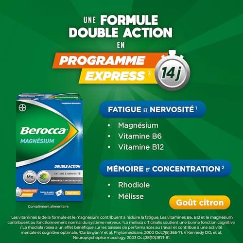 Berocca® Magnésium - Bicabonate et citrate de magnésium, vitamines B6, B12 - Fatigue et nervosité - Mémoire et concentra