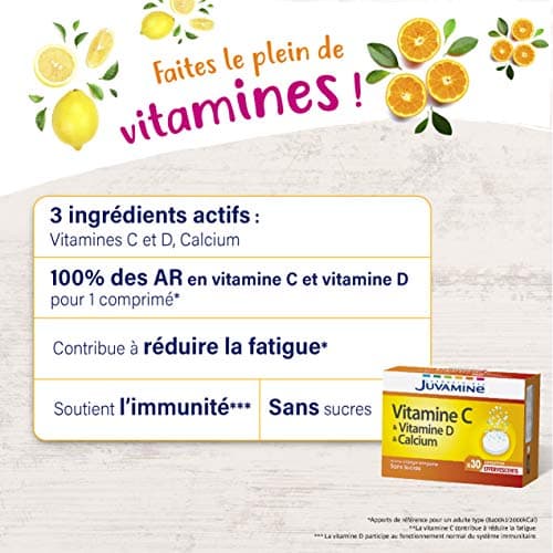 JUVAMINE - Vitamines C et D & Calcaire - Traitement Anti-Fatigue - Pour Une Vitalité Renforcée - 30 Comprimés Effervesce