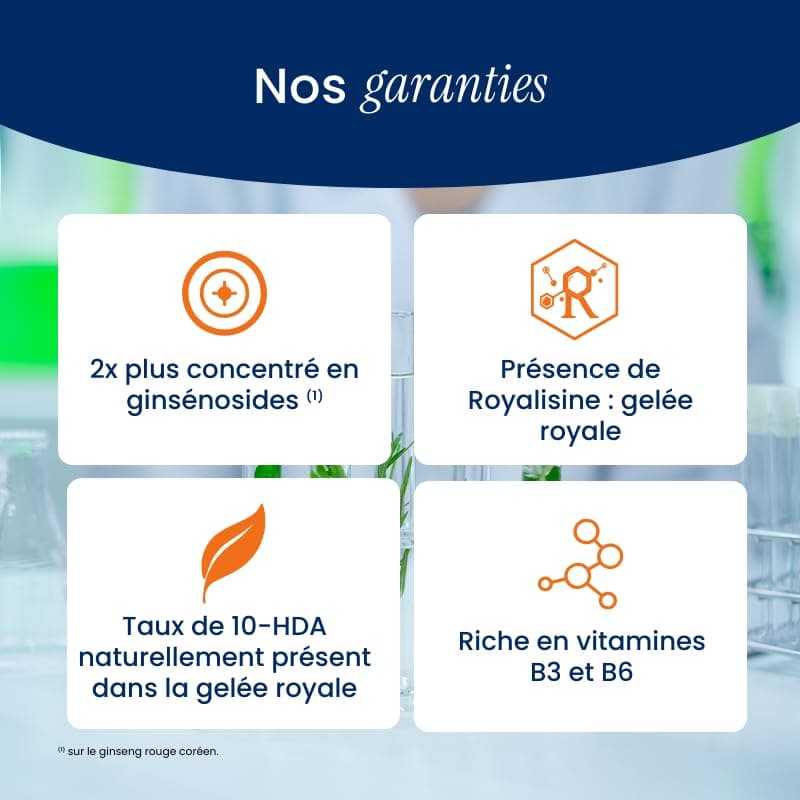 Complément alimentaire pour adultes revitalisant - Gelée royale 1000mg + Ginseng rouge de Corée 1800mg - 20 ampoules pou