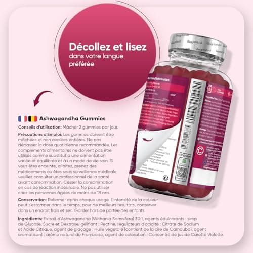 Ashwagandha Gummies Vegan 1200mg, Framboise, Ginseng Indien pour 2 Mois - Bon Alternative aux Gélules