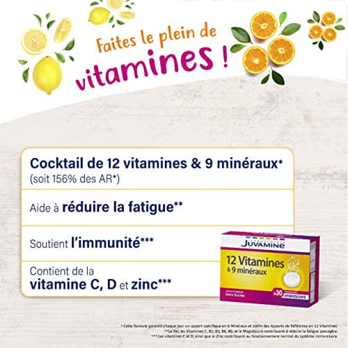 JUVAMINE 12 Vitamines & 9 Minéraux Anti-Fatigue & Anti-Stress, Programmes de 30 Jours, Comprimés Effervescents Arôme Tro