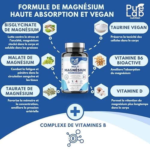 Pure Lab Nutrition® Multi Magnésium - Bisglycinate, Taurinate, Malate + Taurine Vegan + Vitamines B Complexes - Fatigue