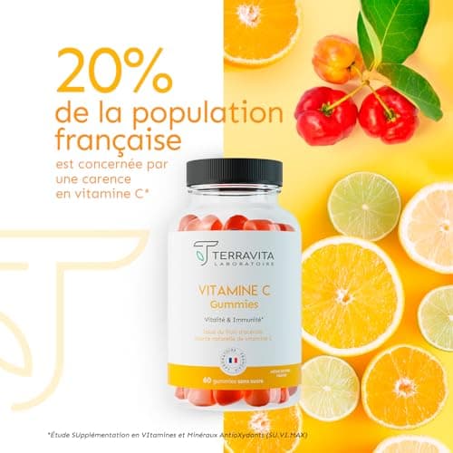 Vitamines C Terravita Gummies Enfants & Adultes | Energie - Tonus - Immunité | 1 Gummy = 100% des AR | 60 Gummies sans S