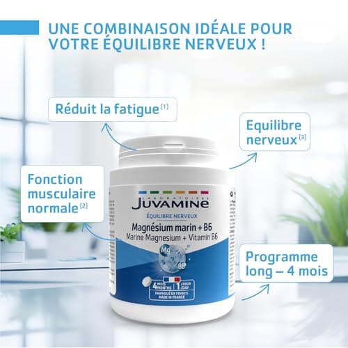 Magnésium Marin JUVAMINE 300mg + Vitamine B6 - Fatigue et Stress - Equilibre Nerveux - Format 4 Mois 120 Comprimés Franc