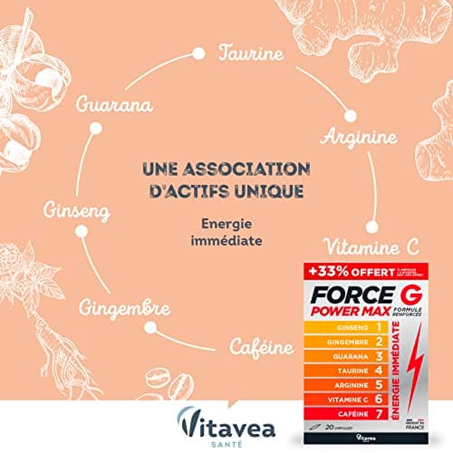 Vitavea - Force G Power Max Renforcer Énergie Immédiate - Ginseng, Gingembre, Guarana, Taurine, Arginine, Vitamine C, Ca