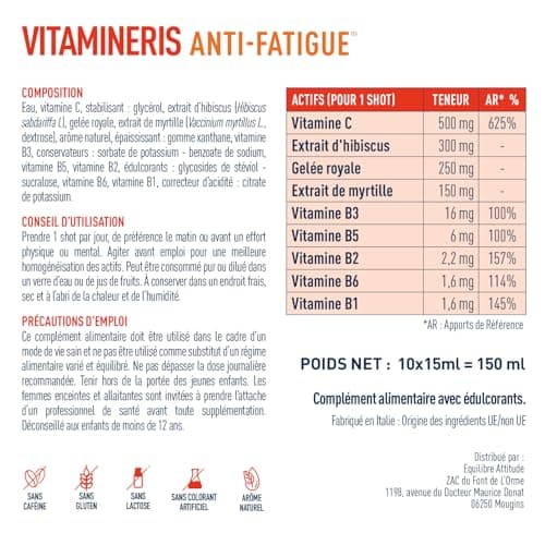 GRANIONS | Vitamineris Shot Anti Fatigue - Vitamine C + Gelee Royale + Hibiscus - 10 Shots - Goût Fruits Rouges - Forme