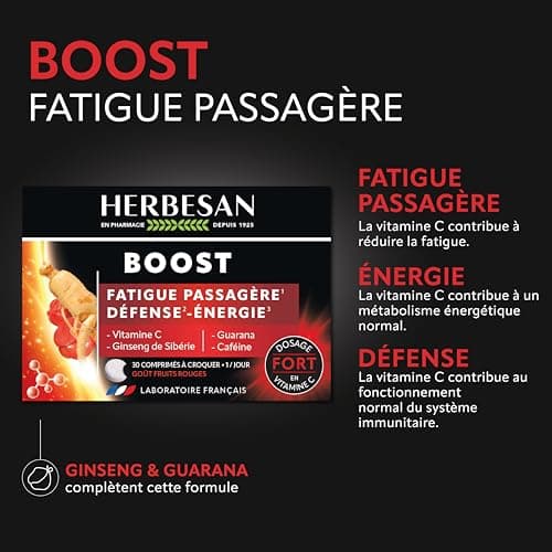 HERBESAN® COMPLEXE BOOST 3 ACTIFS CAFÉINE - Énergétique Fruit Rouges 30 Comprimés à Croquer - Effet Coup de Fouet França