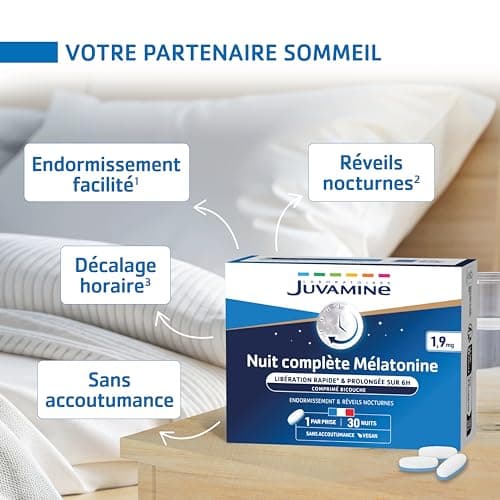 JUVAMINE Nuit Complète Mélatonine 1,9 mg Endormissement Réveils Nocturnes Programme 1 Mois 30 Comprimés Bicouche Fabrica