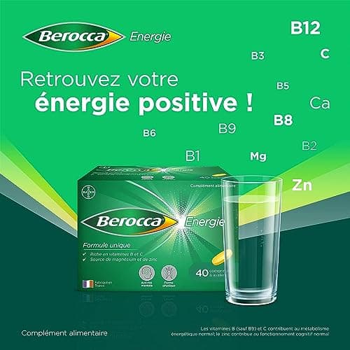 Berocca® Energie - Multivitamines pour Réduire la Fatigue - Vitamines C, B3, B5, B1, B12 + Calcium, Magnésium, Zinc - 28