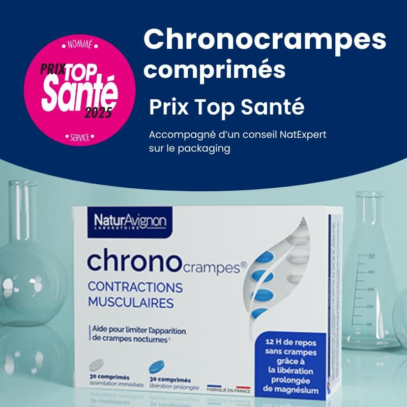 NaturAvignon Chronocrampes Comprimés | Décontractant musculaire, crampes nocturnes | 12h de repos sans crampes  
NaturAv