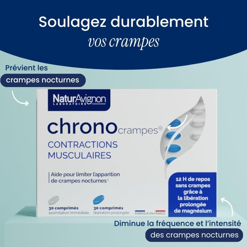 NaturAvignon Chronocrampes Comprimés | Décontractant musculaire, crampes nocturnes | 12h de repos sans crampes  
NaturAv
