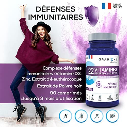 Multivitamines GRANIONS 22 Vitamines Adultes Immunité - Magnésium Zinc Vitamine B12 D3 - 90 Comprimés 3 Mois Fabriqué en