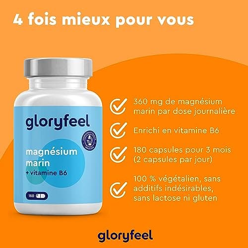 Magnésium Marin et Vitamine B6 pour Combattre la Fatigue, 360 mg/jour, Gélules Végétales, 3 Mois de Cure, Laboratoires T