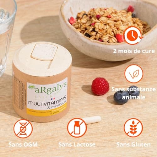 Multivitamines et minéraux Argalys Essentiels - 20 Nutriments - Homme/Femme - Vegan - 60 Gélules Fabriquées en France -