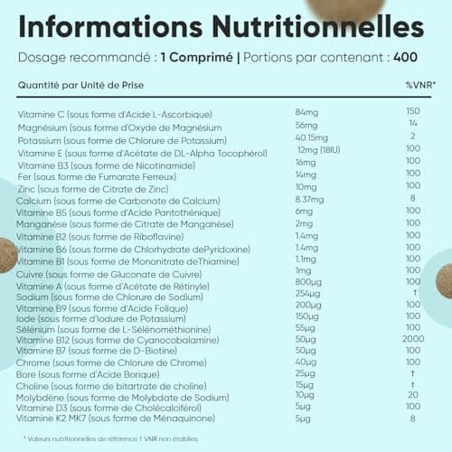 Multivitamines et Minéraux Vegan 400 Comprimés (+1 An), 27 Nutriments Essentiels pour Homme et Femme