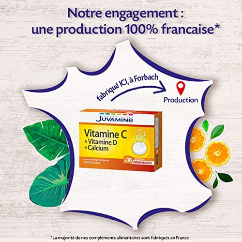 JUVAMINE - Vitamines C et D & Calcaire - Traitement Anti-Fatigue - Pour Une Vitalité Renforcée - 30 Comprimés Effervesce