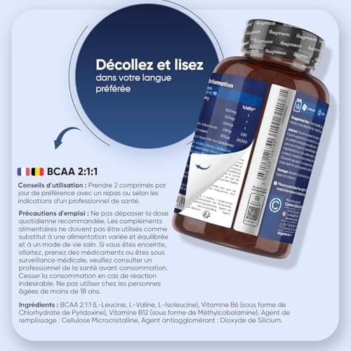BCAA 2000 mg avec Vitamine B6 & B12 – Acides aminés Essentiels |1.1 – L-Leucine, L-Isoleucine, L-Valine - Alternative à