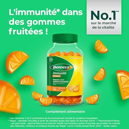 Berocca Immunité Gommes 120 Pièces - 8 Vitamines et Minéraux (C, D, Zinc) - Soutien Protection Immunitaire Quotidienne