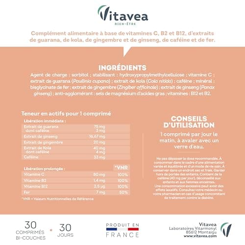 Vitavea - Booster Energie Immédiate et Prolongée 8H - 30 Comprimés Réduisent La Fatigue avec Guarana Ginseng Cafeine Vit