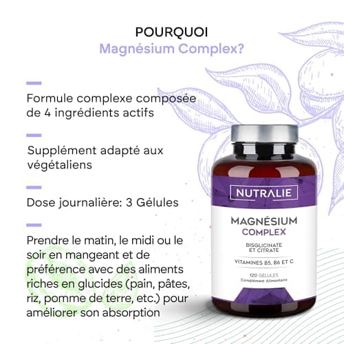Magnésium Bisglycinate et Citrate de Magnésium Nutralie - 2145mg - Vitamines B5, B6 et C - Fatigue - 120 Gélules Végétal