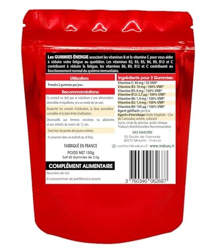 NAKURU Énergie Gummies Gamme Boost Saveur Fruit de la Passion Fabriqué en France 7 Vitamines C-B3-B5-B12-B6-B2-B9 60 Gum