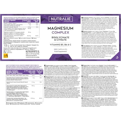 Magnésium Bisglycinate et Citrate de Magnésium Nutralie - 2145mg - Vitamines B5, B6 et C - Fatigue - 120 Gélules Végétal