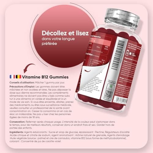 Vitamine B12 Méthylcobalamine 1000mcg 120 Gummies pour Adultes - 4 Mois d'Approvisionnement Goût de Grenade - Sans OGM e