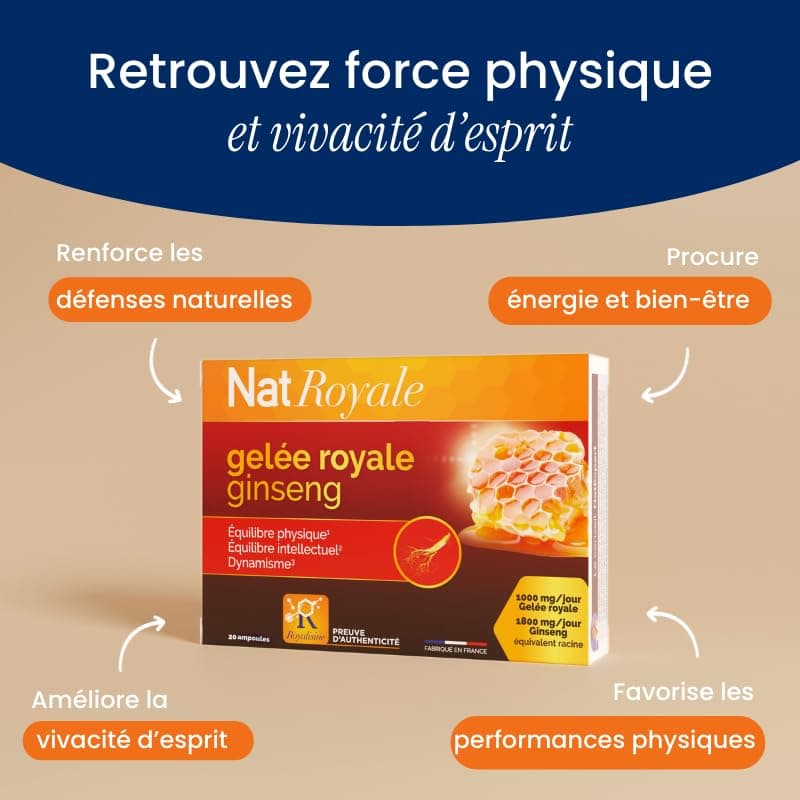 Complément alimentaire pour adultes revitalisant - Gelée royale 1000mg + Ginseng rouge de Corée 1800mg - 20 ampoules pou