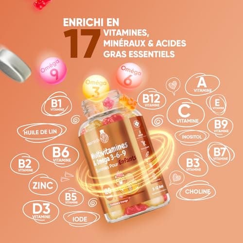 Multivitamines et Minéraux Oméga 3 6 9 Enfant 120 Gummies, Goût Framboise et Orange, Immunité et Croissance