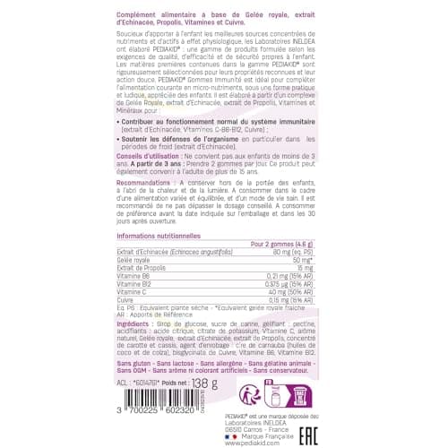 PEDIAKID Gommes Immunité Naturelles Arôme Framboise - Soutiennent les Défenses Corps - 60 Gommes (Boost Immunité, Végéta