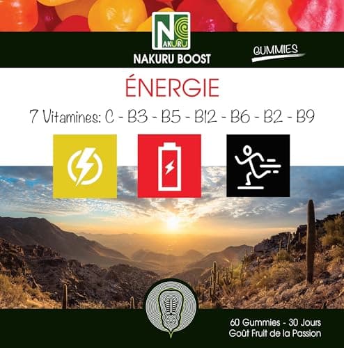 NAKURU Énergie Gummies Gamme Boost Saveur Fruit de la Passion Fabriqué en France 7 Vitamines C-B3-B5-B12-B6-B2-B9 60 Gum