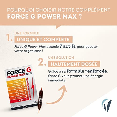 Vitavea Power Max Formule Renforcée 7 Actifs - Boost Energie Immédiate 10 Ampoules (Ginseng, Caféine, Guarana) - 10 Jour
