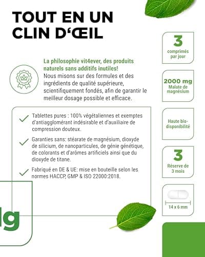 Malate de magnésium 2000 mg - 240 comprimés hautes doses et haute biodisponibilité - Vegan sans additif indésirable - Su