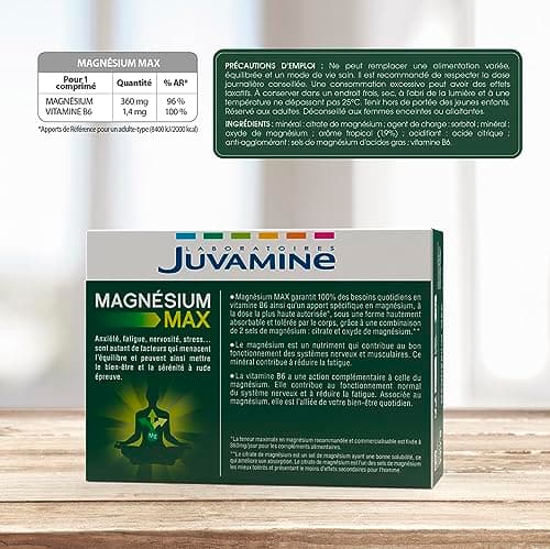 JUVAMINE - Magnésium + Vitamine B6 pour Combattre la Fatigue - Comprimés à Croquer Sans Sucres - Supporte le Système Ner