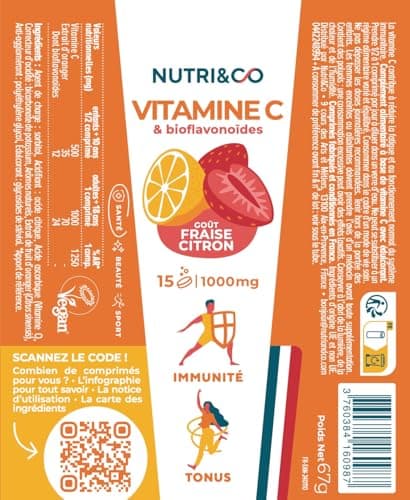 NUTRI & CO Vitamine C 1000mg & Bioflavonoïdes Goût Citron-Fraise - 45 jours - Lot de 3x 15 Comprimés Effervescents Vegan