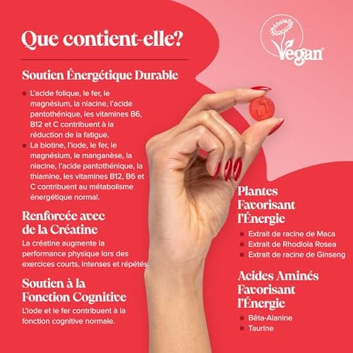 Gummies Énergie – Vitamines B6, B12, C + Créatine, Maca, Taurine & Ginseng – Réduction de la Fatigue & Métabolisme Énerg