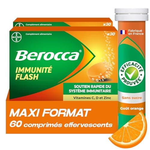 Berocca Immunité Flash - Soutient Système Immunitaire - Zinc, Vitamine D & C - Goût Orange - 60 Comprimés Effervescents