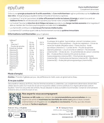 EPYCURE - Multivitamines Combat Fatigue Physique & Mentale, Réduit Stress - 87% Naturel Rhodiole, Magnésium, Vitamines B