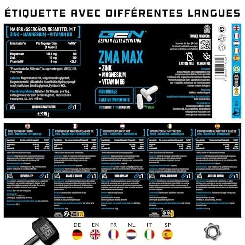ZMA MAX - Dose extra haute - Zinc + Magnésium + Vitamine B6 - Vegan - 180 capsules